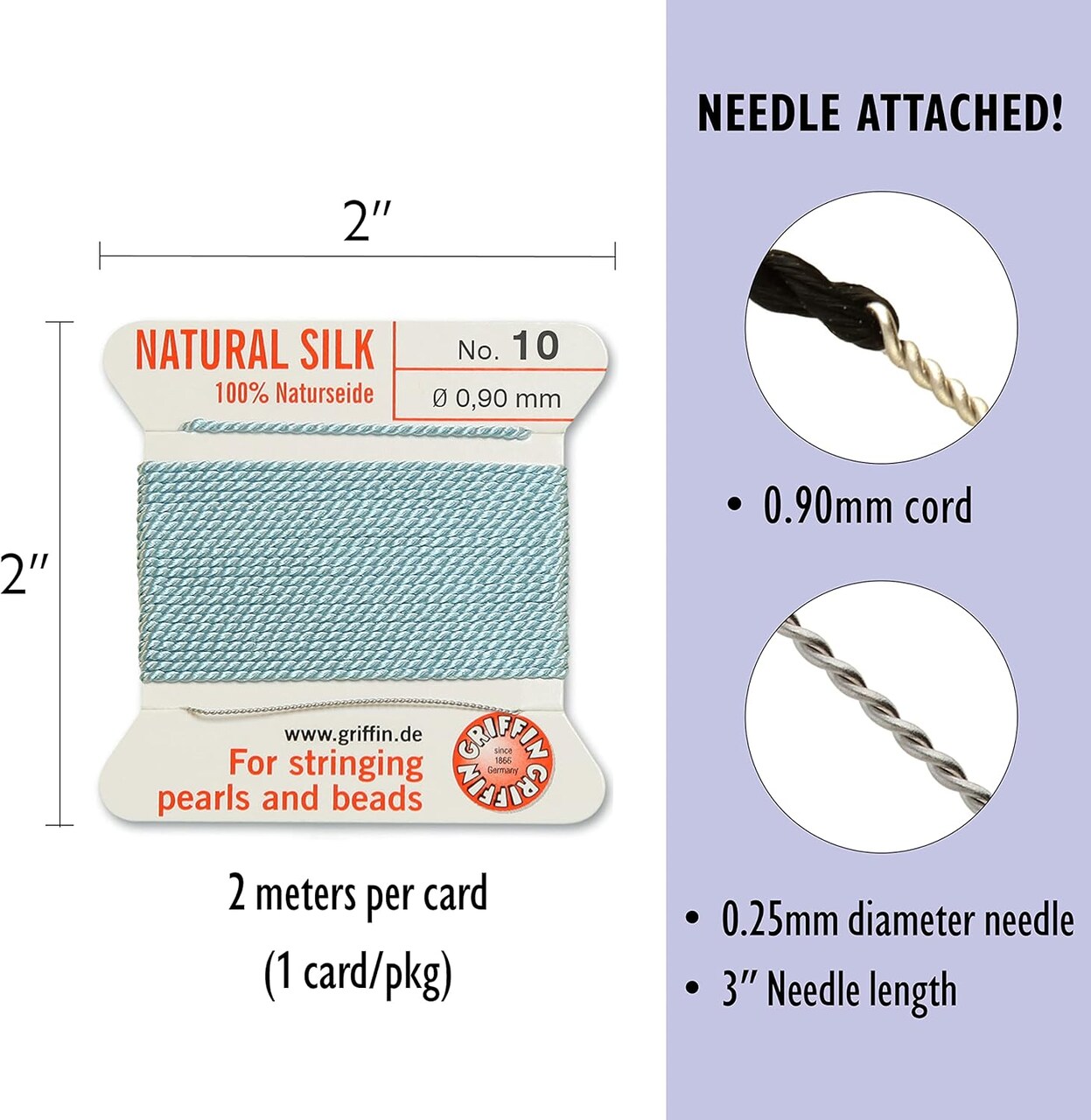 Griffin Silk Bead Cord Perlseide – Size 10 (0.90mm) – 2 Meters per Card – Stainless Steel Needle Attached – for Knotting Pearls, Gemstones, Crystals and Beads